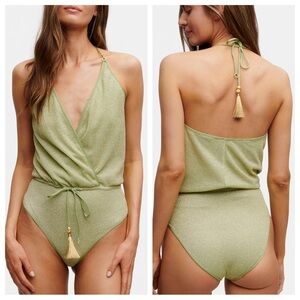 Hanne Bloch x Free People Green Glitter V Swimsuit | NWT